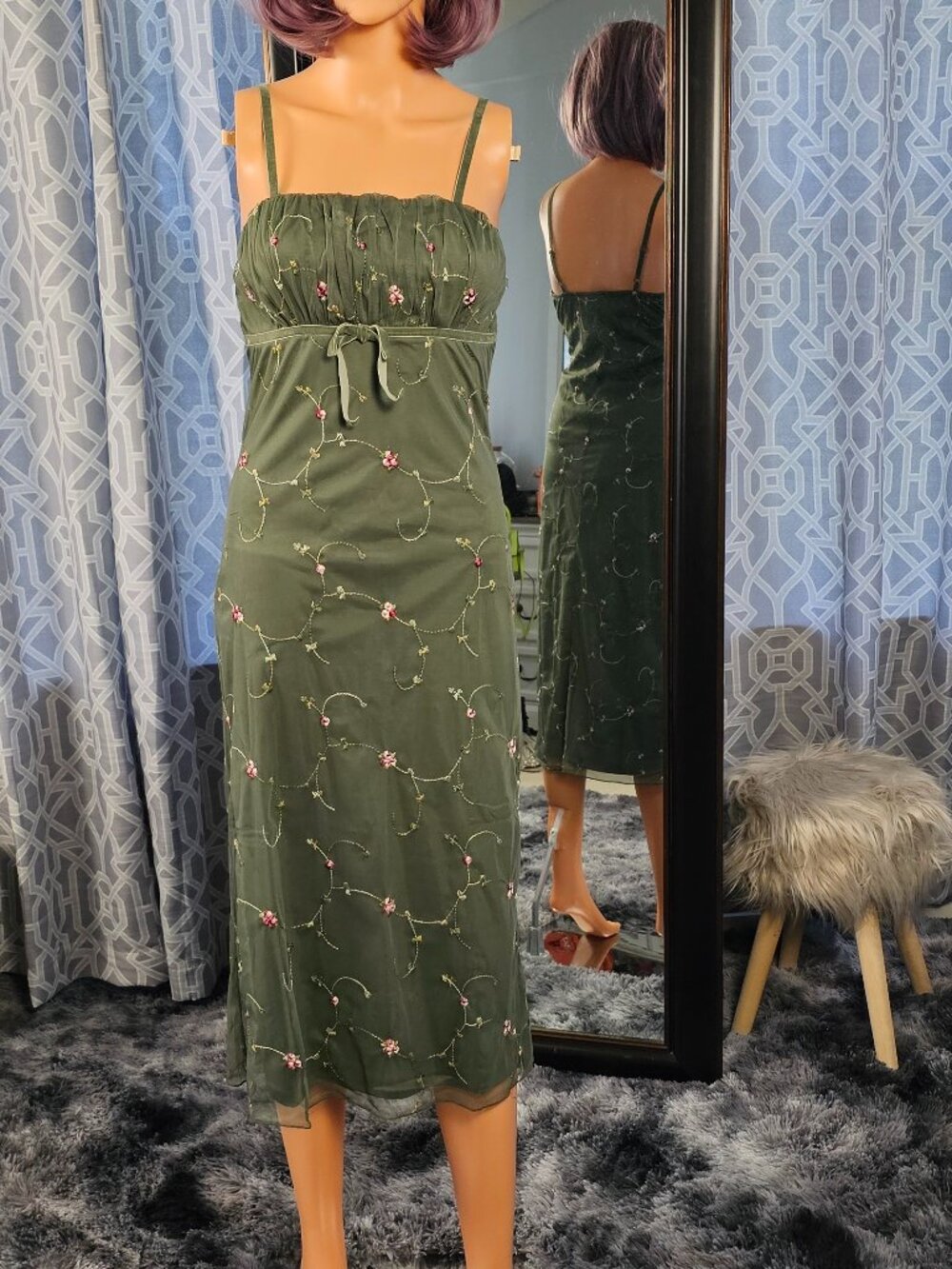 Thirty Thirty LA Olive Green Floral Mesh Midi Dress – Size S NWOT